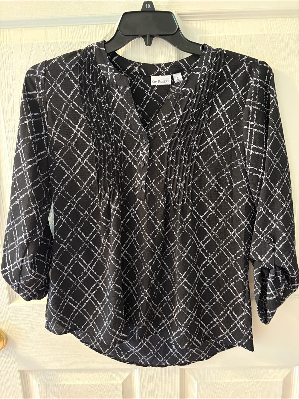 Kim Rogers Black and White Plaid Pintuck Blouse